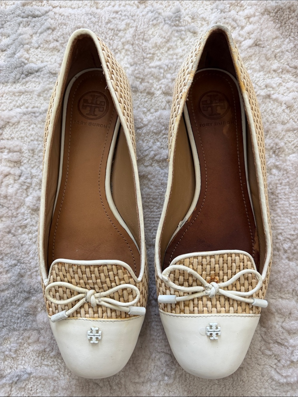 Tory Burch Natural Woven & Cream Leather Bow Ballet Flats